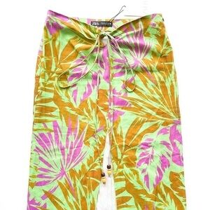 Zara NWT Linen Tropical Print Midi Skirt